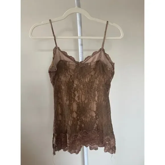 Y2K Brown Lace Sheer Back Cami Tank Top EST size S-M - Picture 2 of 4